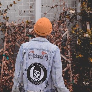 Blue bleached distressed hand painted jean jacked